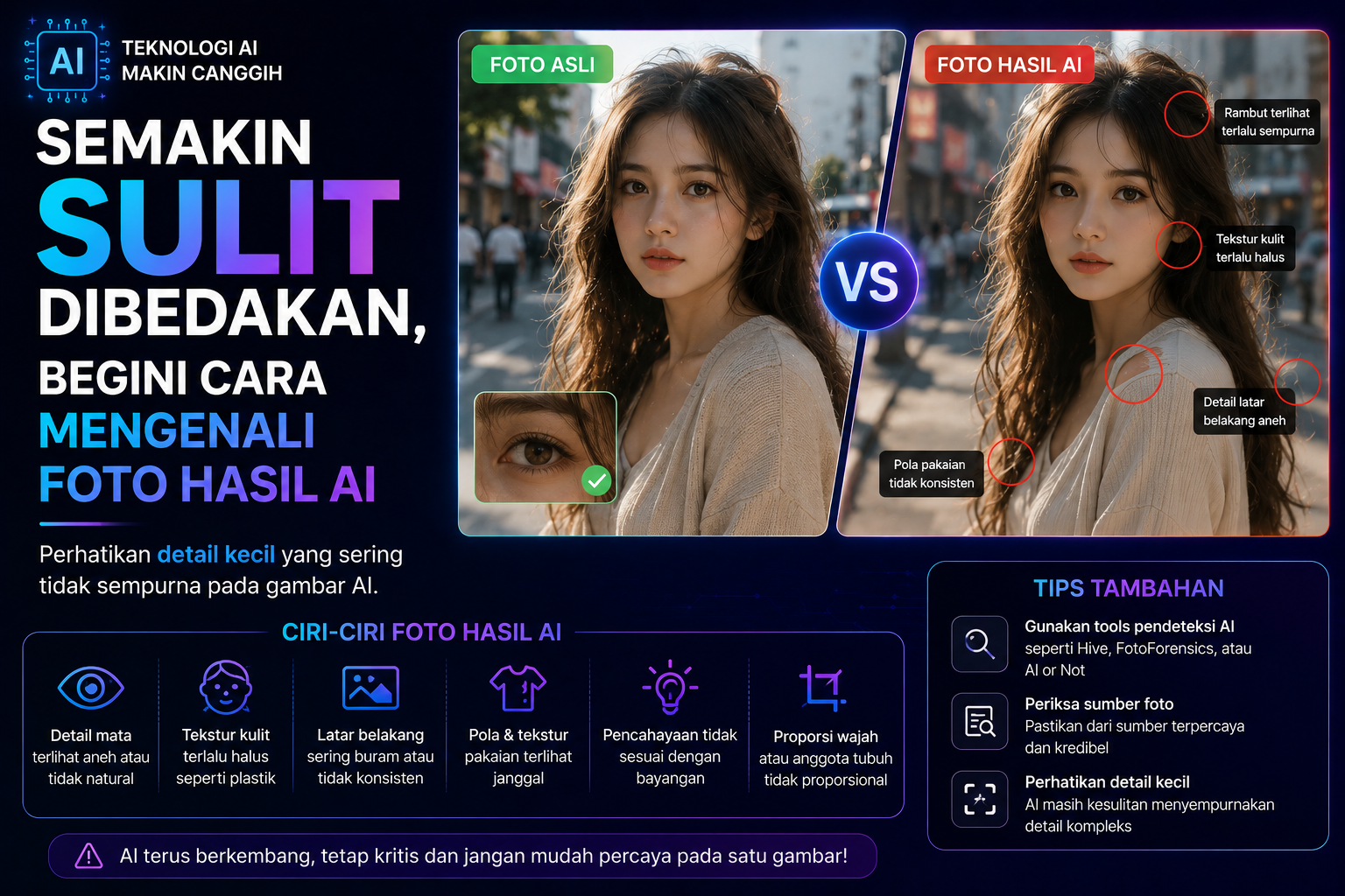 Teknologi AI mampu menghasilkan gambar yang semakin realistis. Ketahui beberapa cara mengenali foto hasil AI agar tidak mudah terkecoh oleh visual yang beredar di internet.